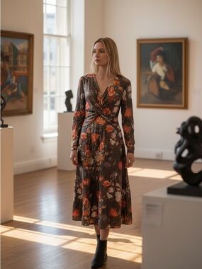 NWT Anthropologie Caballero Deep V Maxi Dress Large Floral Shimmer Fabric $248